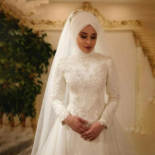 Donne bianche/avori Abiti da sposa A-Line Abiti di pizzo arabo musulmani Appliques da sposa abiti da sposa eleganti Vestidos de nolia