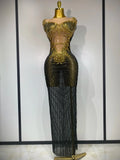 Women Sexy Sparkly Rhinestones Sleeveless Long Dress Club Birthday Celebrate Evening Photo Shoot Stage Performance Costume Black