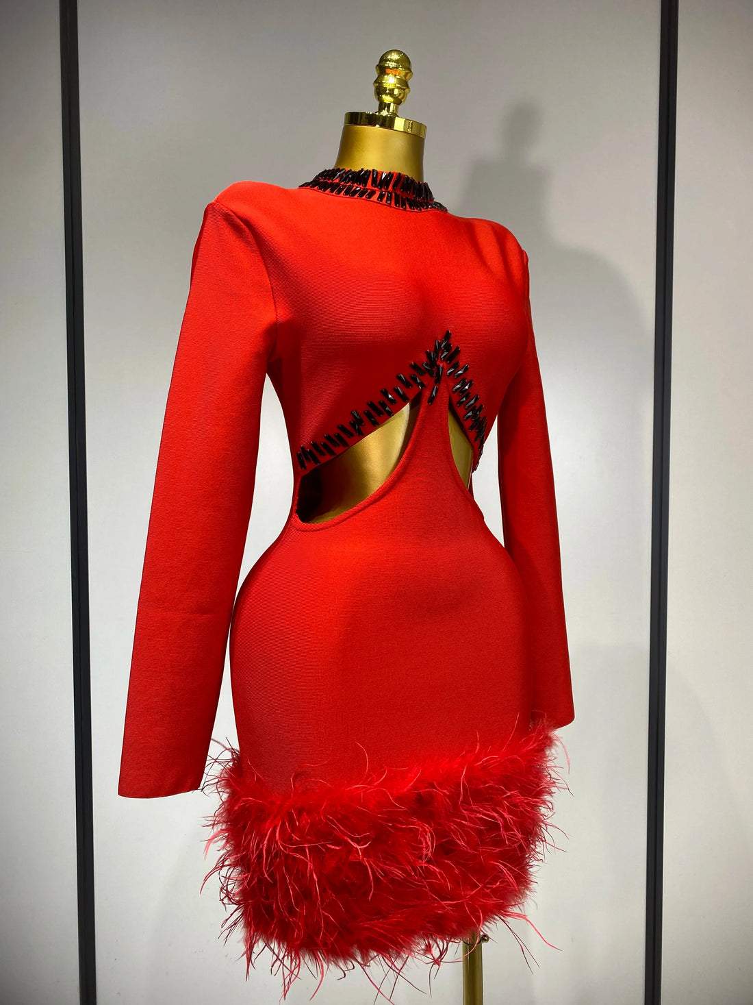 Women Sexy Cut Out Long Sleeve Beading Feather Red Mini Bandage Dress Celebrity Elegant Evening Party Luxury Birthday Dresses Red