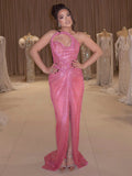 Party Artistic Glam Pink Mesh Sequin Strapless Backless Dress with High Slit Galas Gown