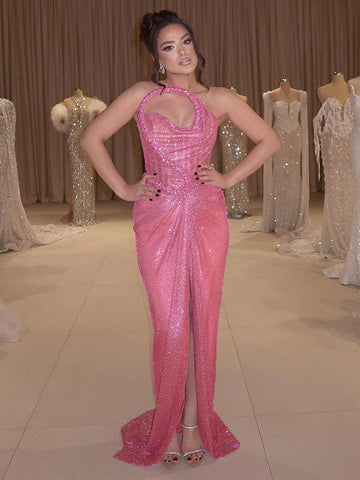 Party Artistic Glam Pink Mesh Sequin Strapless Backless Dress with High Slit Galas Gown