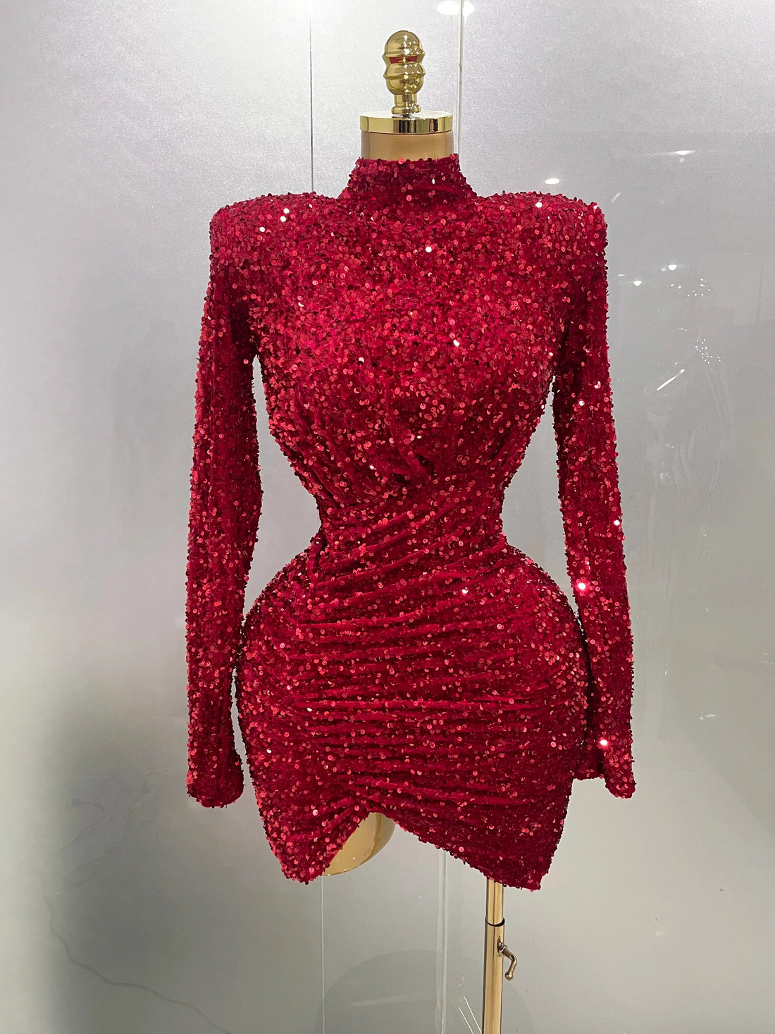 Sexy Sparkly Red Sequins Long Sleeve Short Dress Women Evening Celebrate Birthday Party Club Performance Stage Costume Red