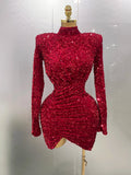 Sexy Sparkly Red Sequins Long Sleeve Short Dress Women Evening Celebrate Birthday Party Club Performance Stage Costume Red