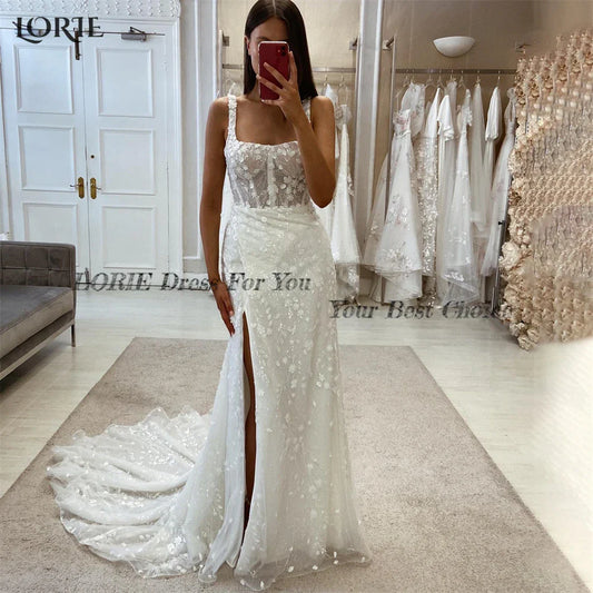 Glitter Lace Mermaid Wedding Dresses Square Collar Bodycon Sparkly Flowers Bridal Gowns Side Slit Backless Party Gowns