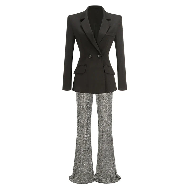 Stylish Woman Oversize Suit Coat And Shining Diamonds Mesh Pants 2 Pieces Set Fashion Woman High Street Wear Party Outfit