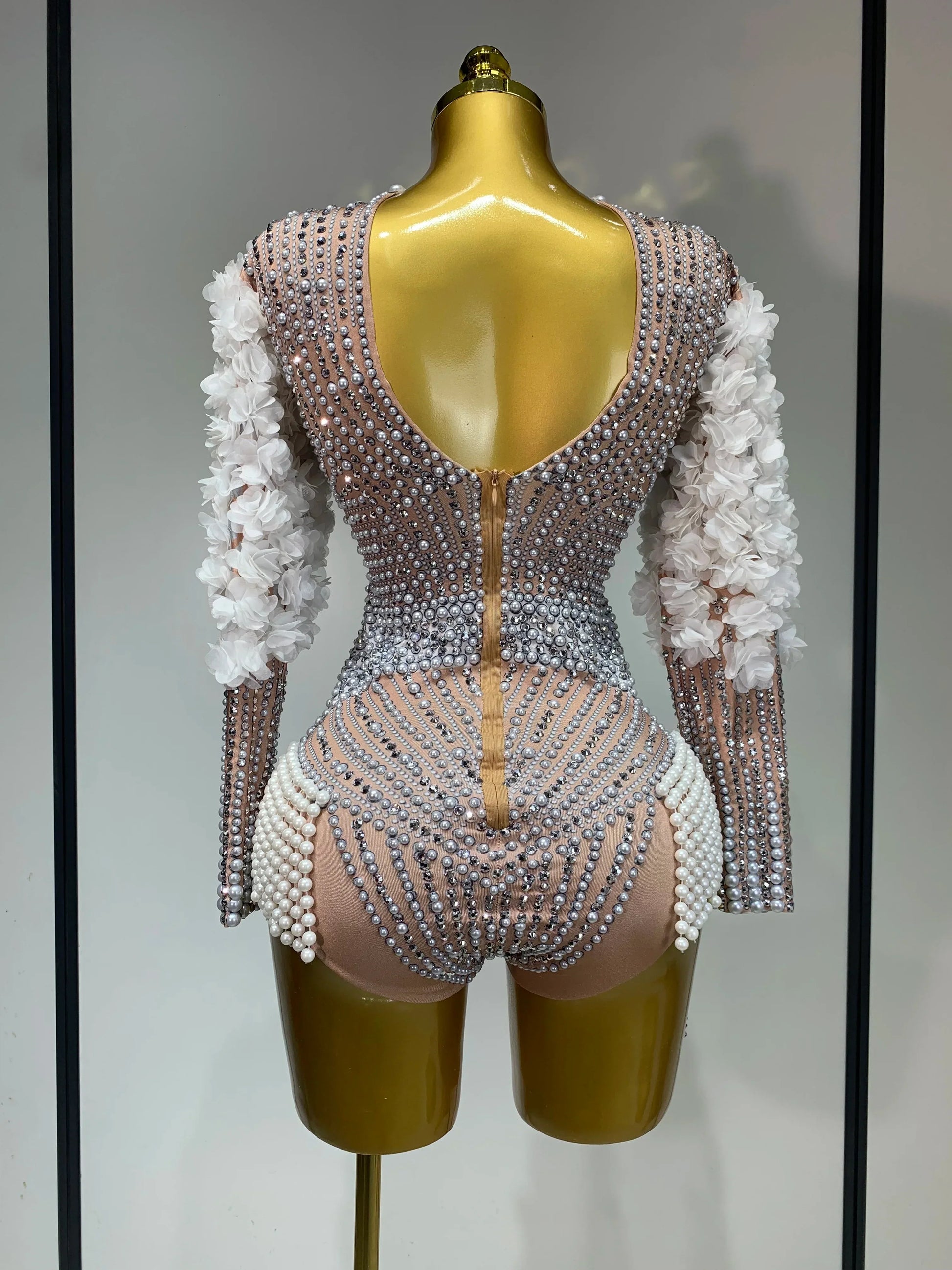 Sparkly Luxury Sheath Bodysuit Women Sexy Pearls Rhinestone Flowers Stage Singer Outfit Nightclub Performance Dance Costume