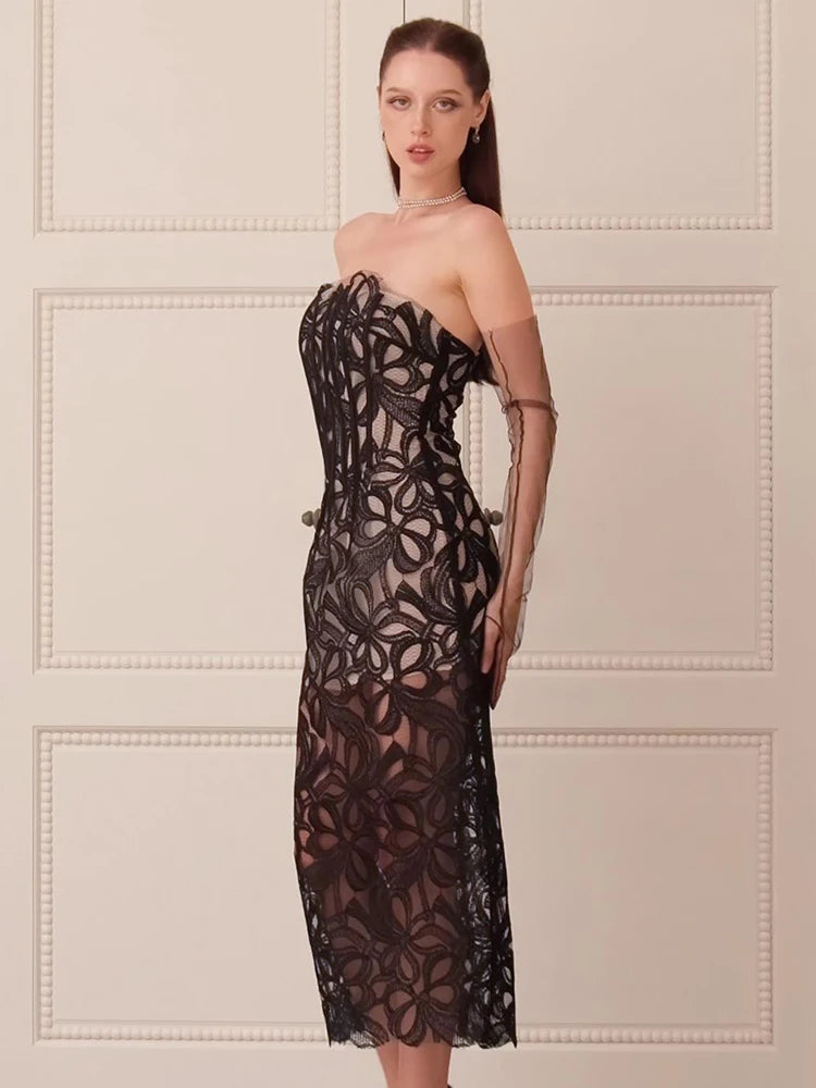 Elegant Black Strapless Backless Sheer Lace Midi Dress Cocktail & Evening Party Glam Gown
