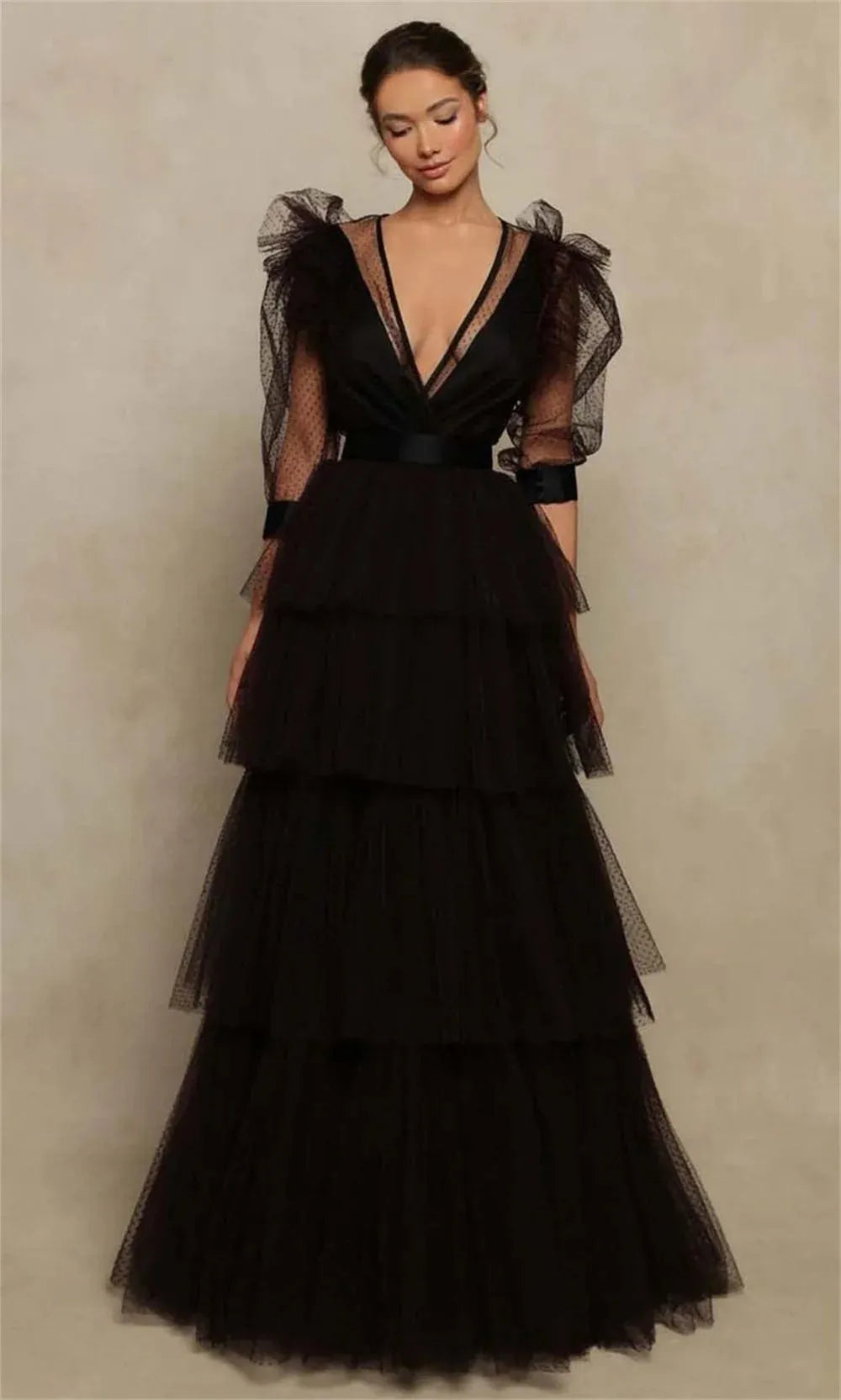 Mysterious V-neck Prom Dress Multilayer Vestidos De Noche Black Puffy Sleeve Prom Gown Perspective فساتين السهرة Black