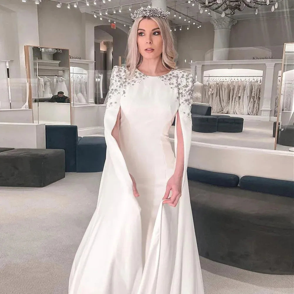 Elegant White Mermaid Dubai Evening Dress for Women Wedding Party Cape Sleeves Muslim Long Formal Dresses Evening Dress Satin