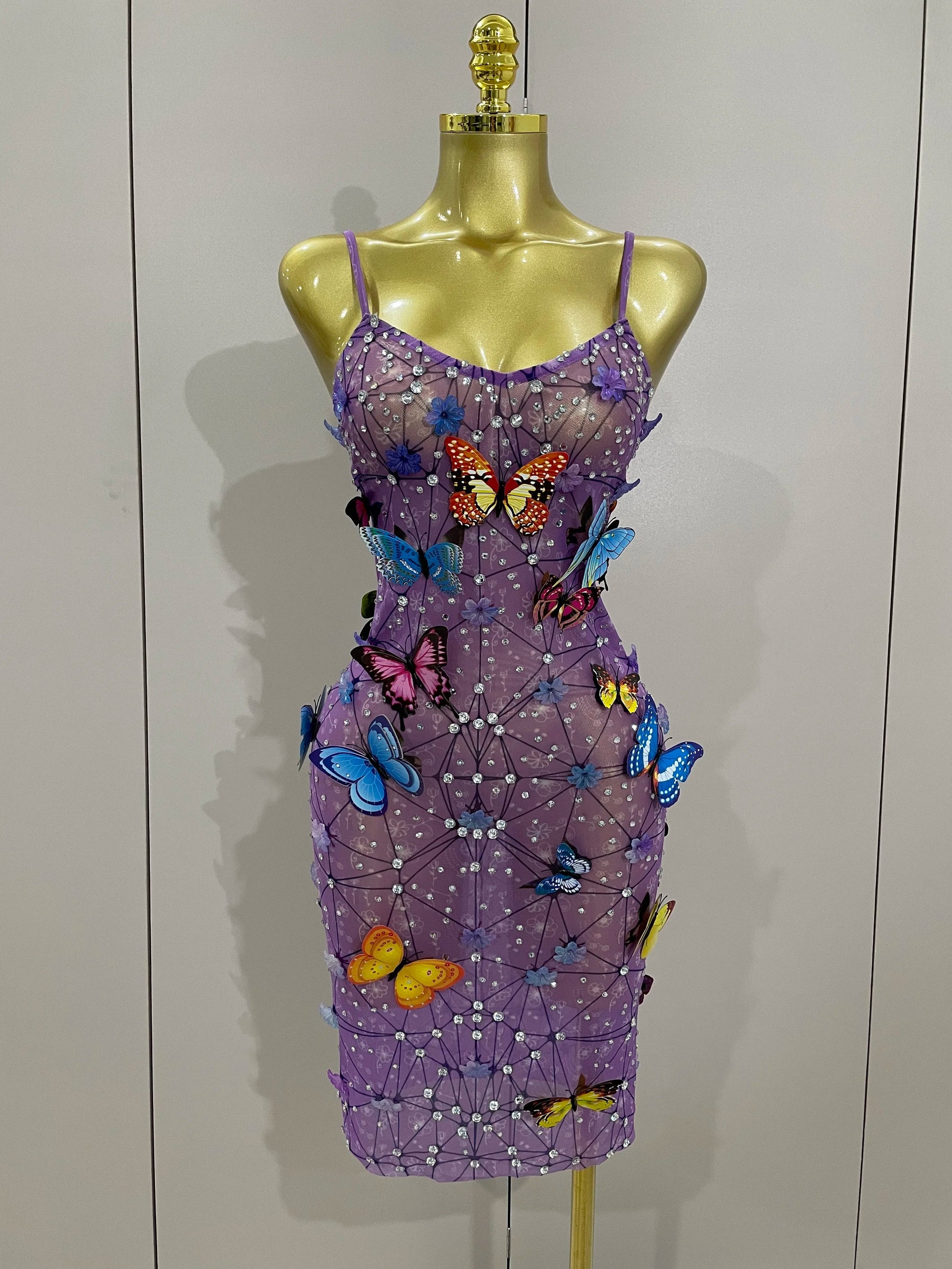 Women Celebrity Luxury Birthday Nightclub Stage Outfit Sparkly Butterfly Purple Sexy Mesh See Through Dress PURPLE