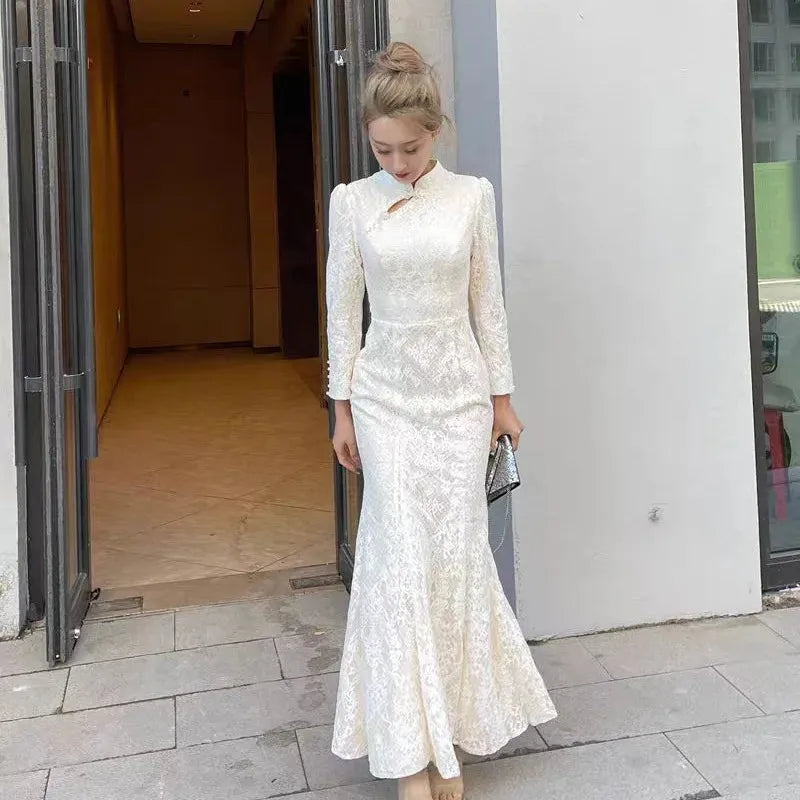 Bridal Wedding Dress Champagne Lace Cheongsam Temperament Banquet Fishtail Evening Dress Zipper Back Sexy Slim Maxi Dresses 50cm | cn