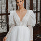 Sexy A Line Short Wedding Dresses Deep V Neck Long Puff Sleeves Bridal Party Gowns Knee Length Bride Dresses for Women