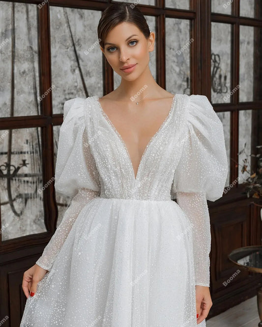 Sexy A Line Short Wedding Dresses Deep V Neck Long Puff Sleeves Bridal Party Gowns Knee Length Bride Dresses for Women