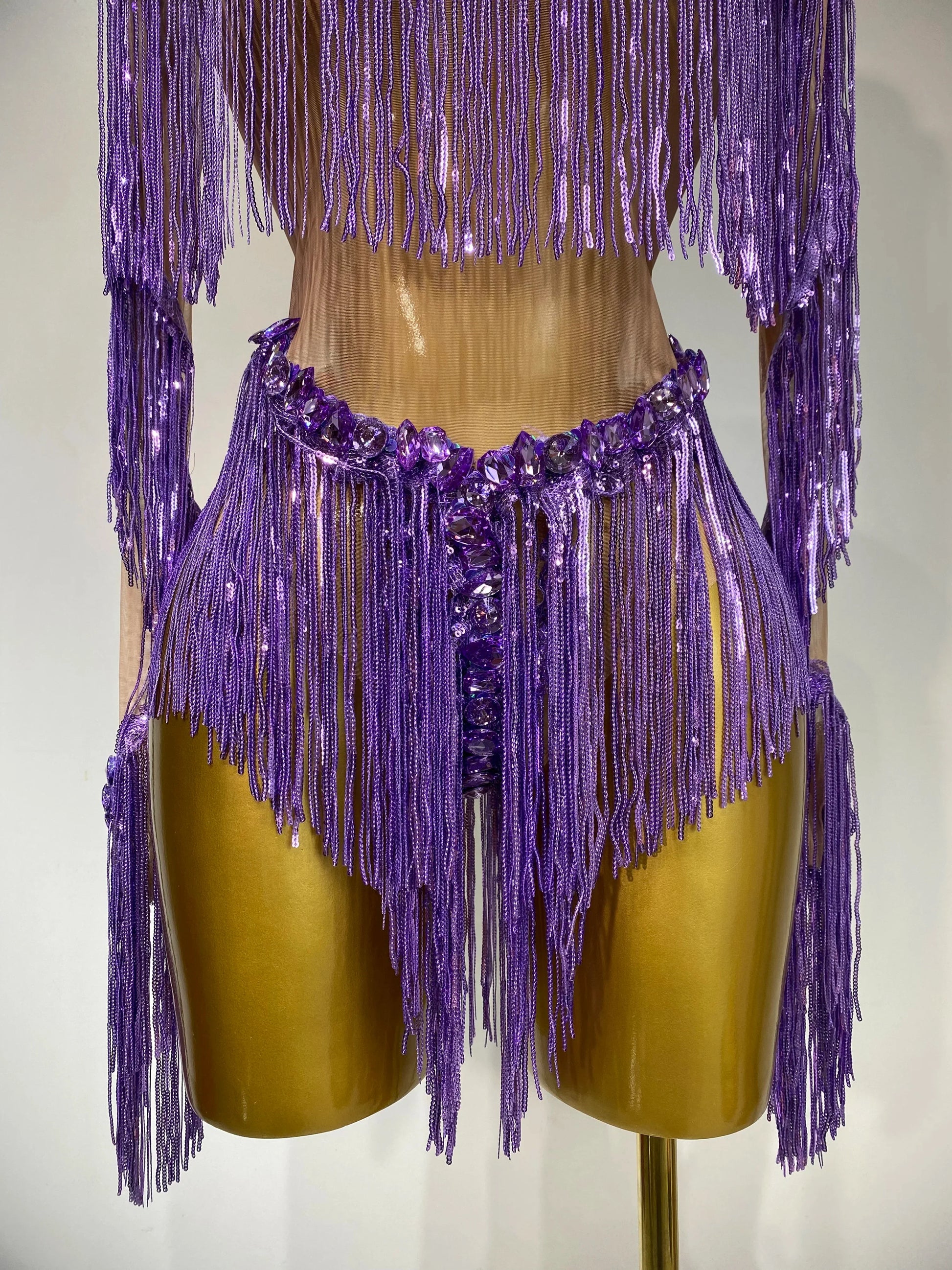 Sparkly Tassel Rhinestones Long Sleeves Sexy Stretch Mesh See Through Bodysuit Women Nightclub Stage Singer Perform Costume