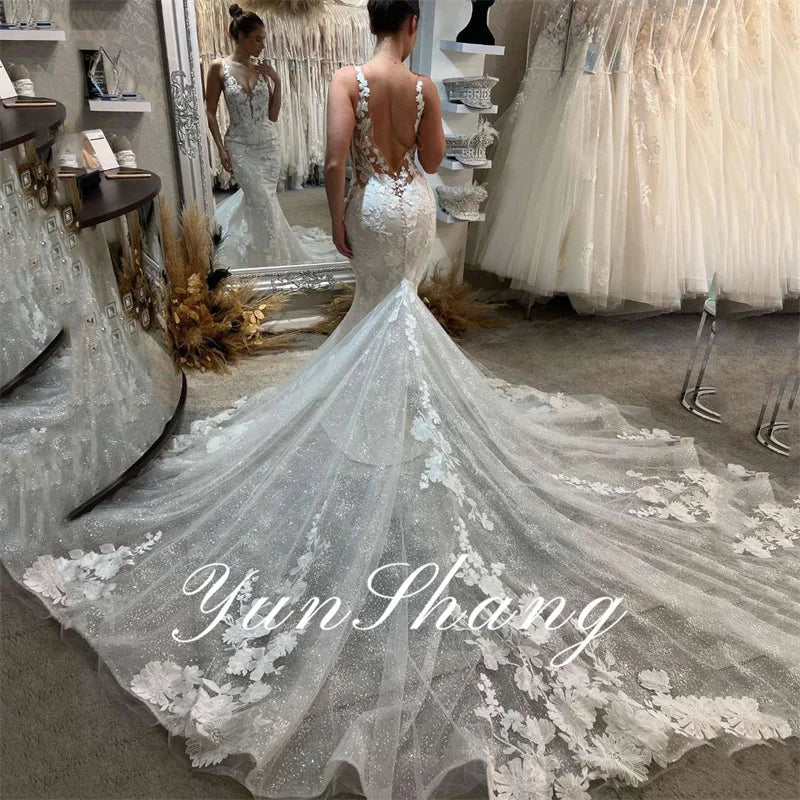 Luxury Mermaid Wedding Dresses WomenLace Open Back V-Neck Applique Spaghetti Straps Bridal Gown Train Vestidos De Novia
