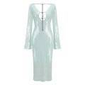 Autumn Sparkling Sequins Sexy V-Neck Hollow Out Aklen Length Dress Fashion Woman Evening Party Outfit Mint