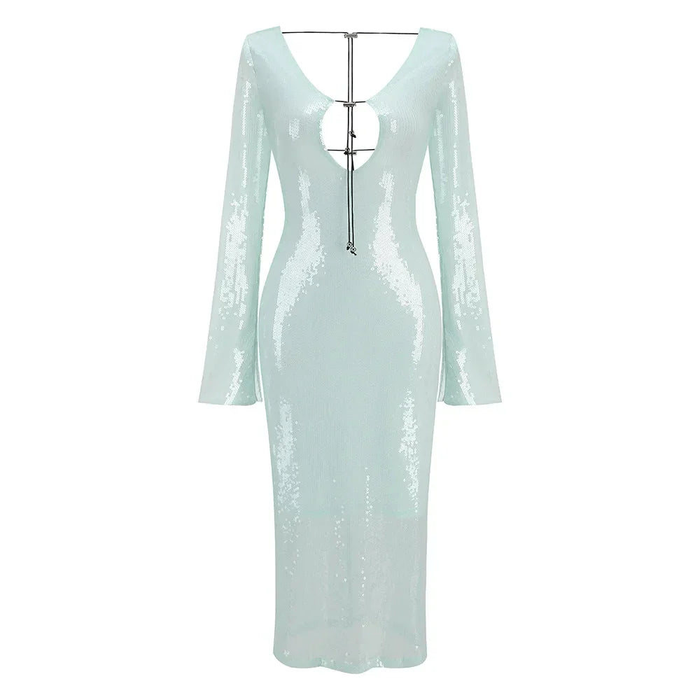 Autumn Sparkling Sequins Sexy V-Neck Hollow Out Aklen Length Dress Fashion Woman Evening Party Outfit Mint