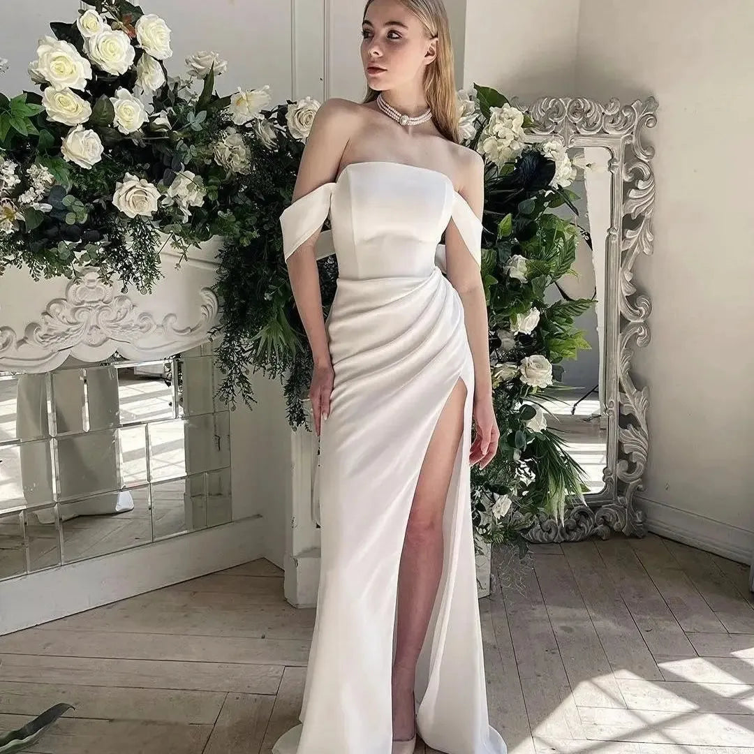 Stunning Mermaid Wedding Dress Stin Floor Length Side Slit Off The Shoulder Bridal Gown Customize To Measures Pleat Robe De Mari 14w