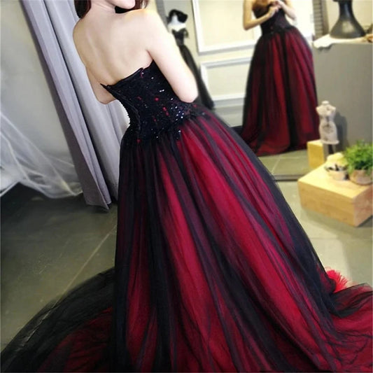 Wine Red Off Shoulder Tulle Prom Dress Elegant Lace Embroidery Vestidos De Novia Lace up Long Train A-line robes de soirée