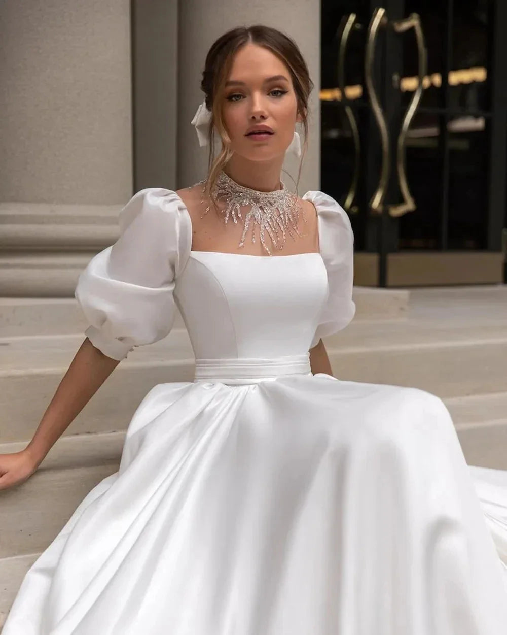 Elegant Satin Wedding Dresses For Women Hight Collar A Line Puff Sleeves Bridal Gowns Vestidos De Novia With Sweep Train