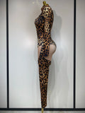 Women Stretch Leopard Print Sexy Bodycon Jumpsuit Bar Nightclub Singer Dancer Luxury Diamond Stage Performance Outfit