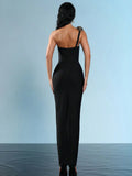 Sexy Women's Light Luxury Sparkle Flower Design Bandage Dress One Shoulder Sleeveless Bodycon Long Dresses Party Vestidos