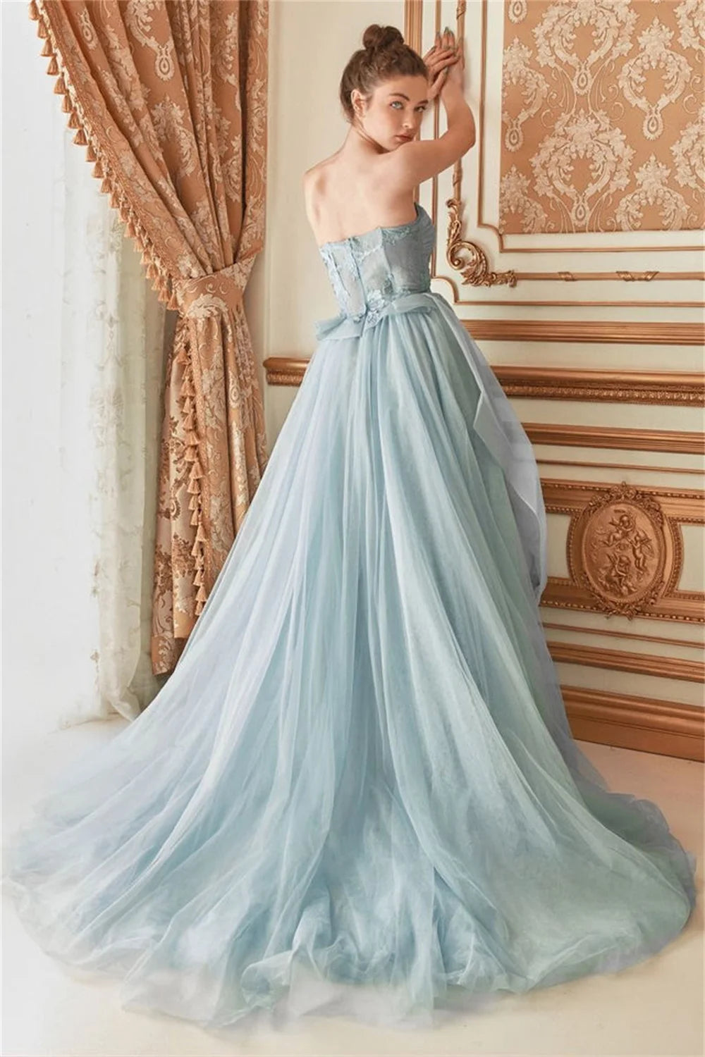 Grey Blue Strapless Vestidos De Noche 3D Butterfly Prom Dress Fairy Strapless Tulle Sweep Train فساتين السهرة