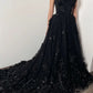 Handmade Lace Embroid Prom Dress Gothic Party Dresses 3D Flower Evening Dress Black Tulle Sweep Train فستان سهرة