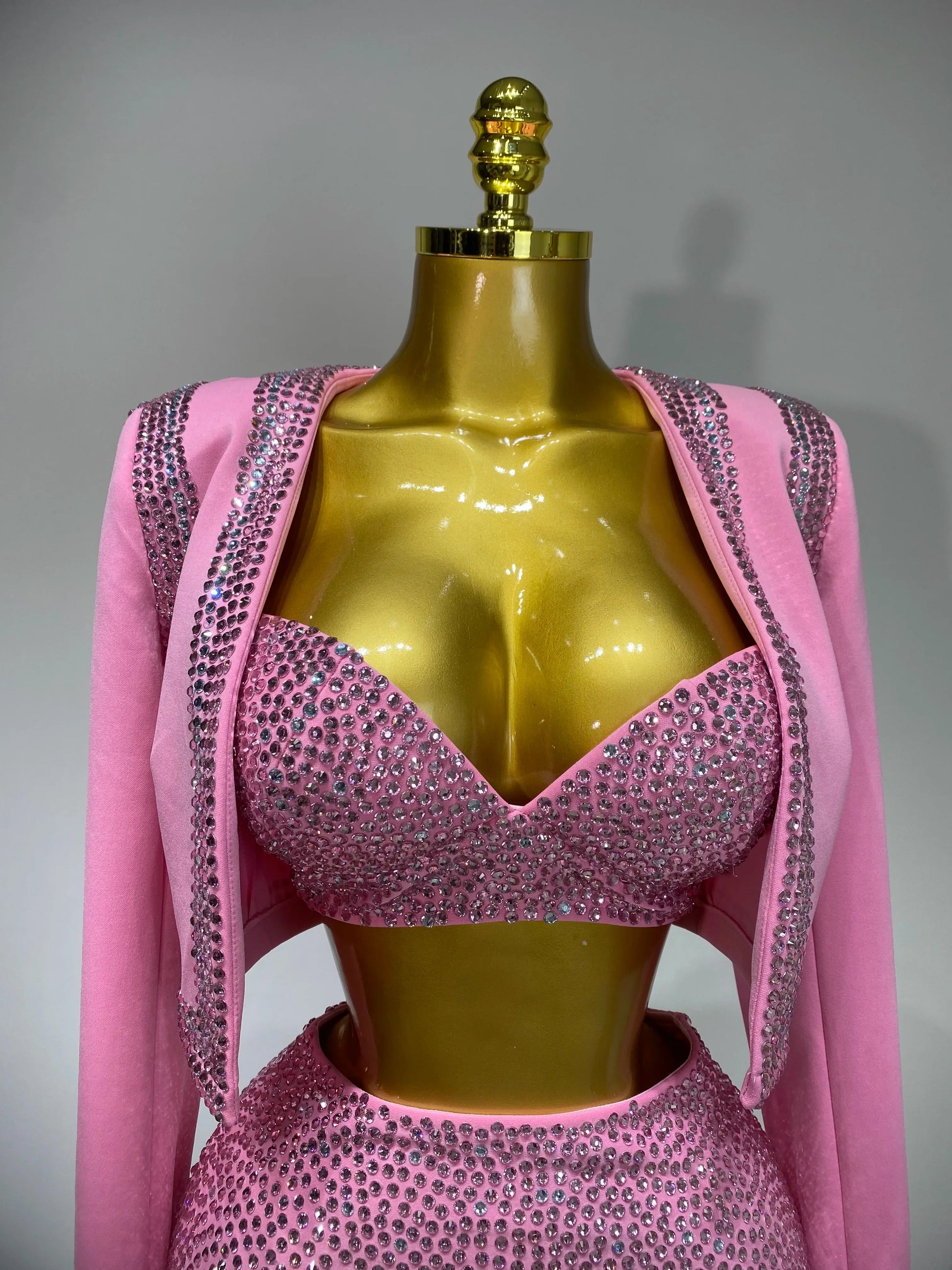 Luxury Rhinestone Jacket Bra Top And Matching Shorts Set 3 Pieces Outfits Women Sexy Sparkle Nightclub Singer Stage Outfit