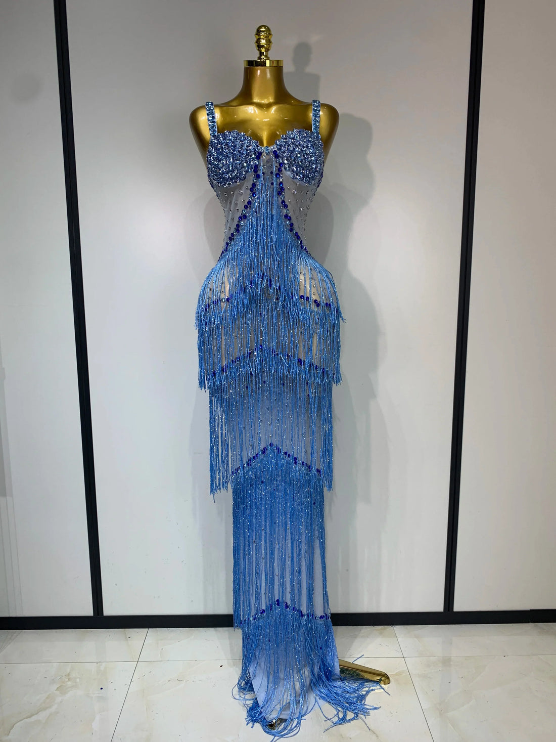 Sparkly Rhinestones Fringes Maxi Long Dress Women Sexy Transparent Elagant Evening Party Birthday Dress Photo Shoot Outfit SKY BLUE