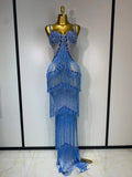 Sparkly Rhinestones Fringes Maxi Long Dress Women Sexy Transparent Elagant Evening Party Birthday Dress Photo Shoot Outfit SKY BLUE