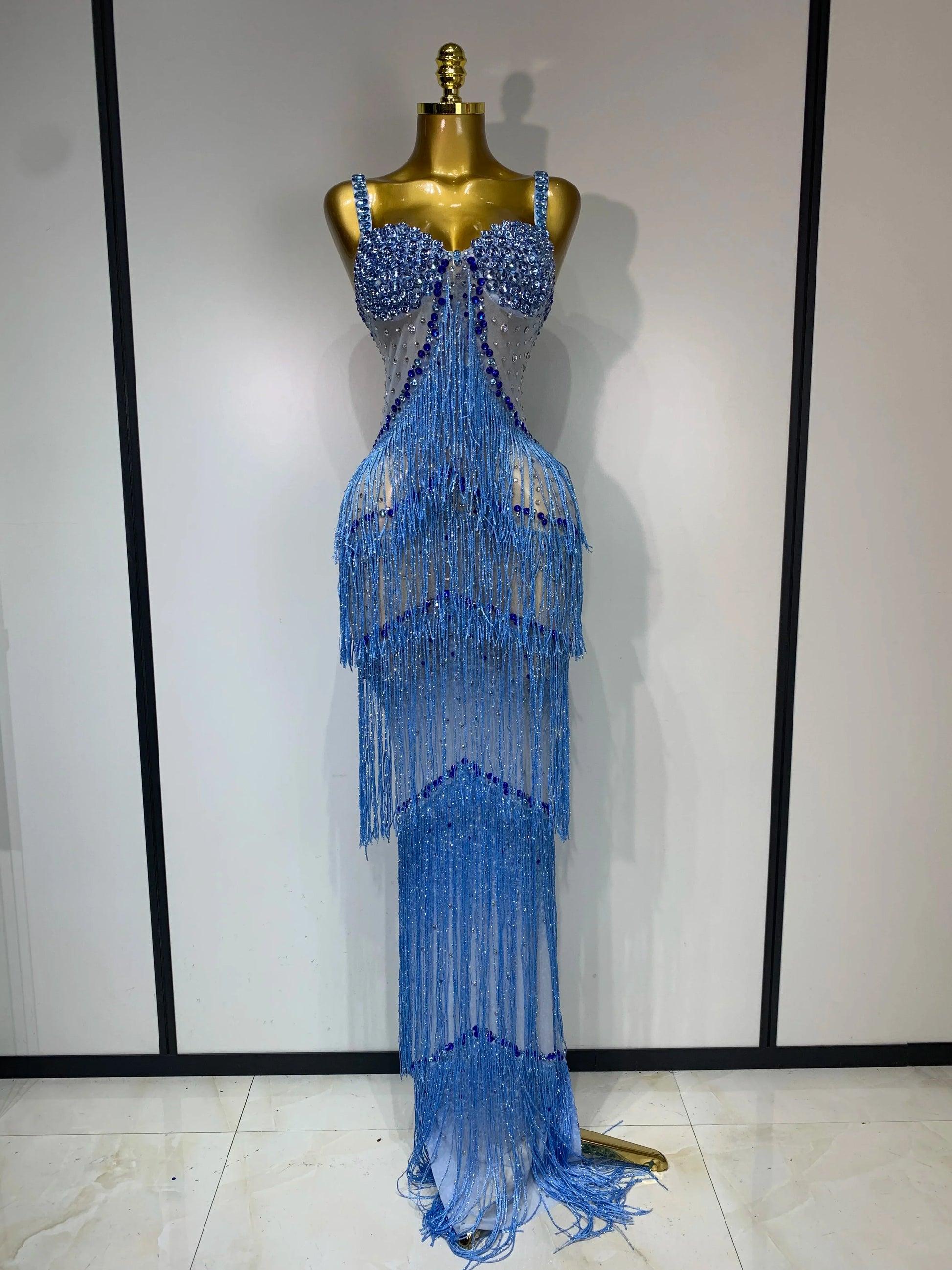 Sparkly Rhinestones Fringes Maxi Long Dress Women Sexy Transparent Elagant Evening Party Birthday Dress Photo Shoot Outfit SKY BLUE