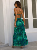 Sexy Sleeveless Deep V-Neck Printed Floral Backless Lace Up High Slit Elegant Party Cocktail Evening Gowns Vestido