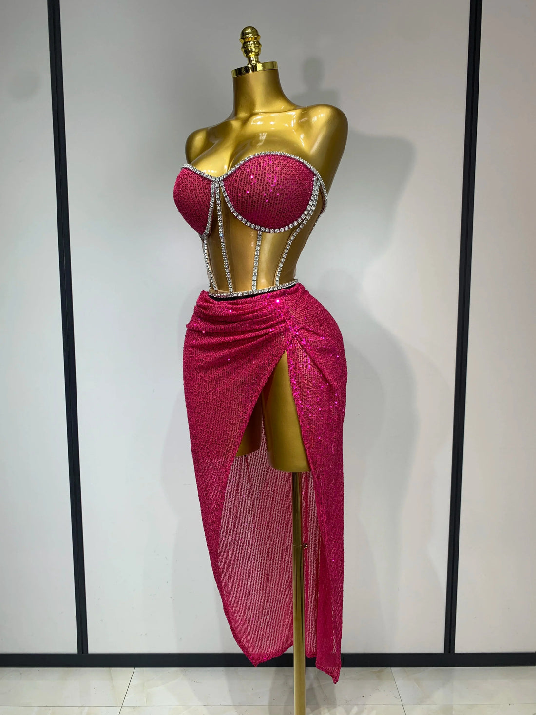 Women Sparkly Rhinestones Sequins Sexy Mesh Two Piece Set Evening Birthday Party Dress Nightclub Stage Performance Costumes Rose Red