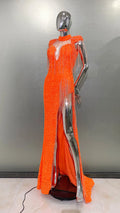Orange Sequins Bead Tassel Hollow Out High Slit Floor Lenght Dress Woman Birthday Party Dress Stage Performance Cos