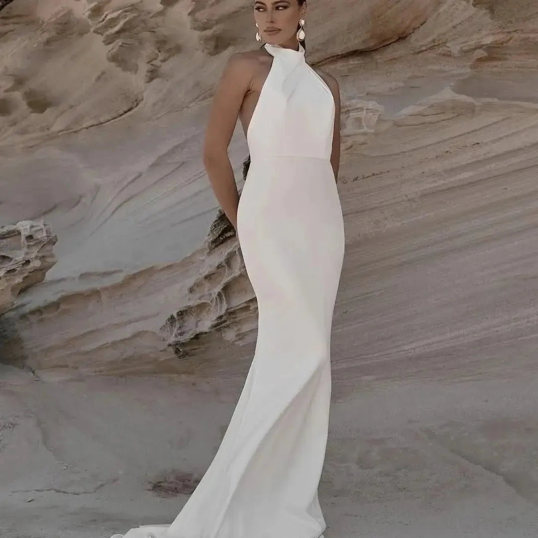 Beach Wedding Dress Sleelevess Halter With Detachable For Women Elegant Satin Bridal Gowns Customize To Measures Floor Ivory 14w