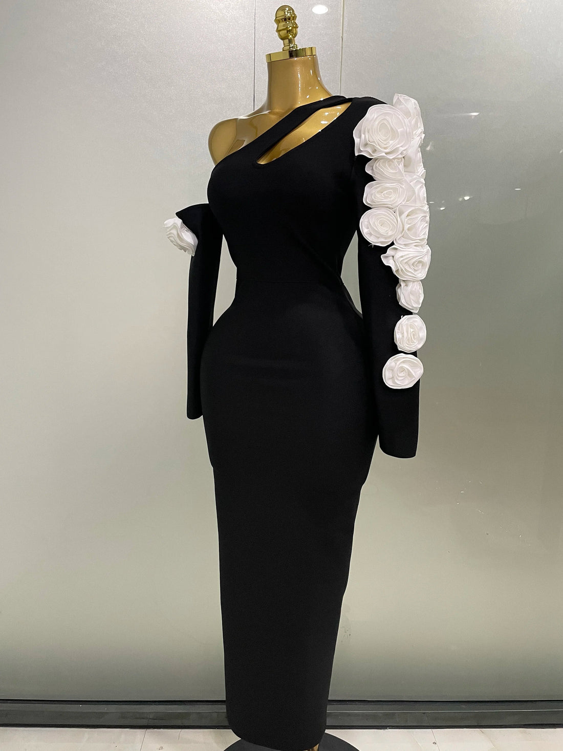 Sexy One Shoulder Key Hole Flower Maxi Long Bodycon Bandage Dress Women Knitted Elegant Evening Club Party Outfit black