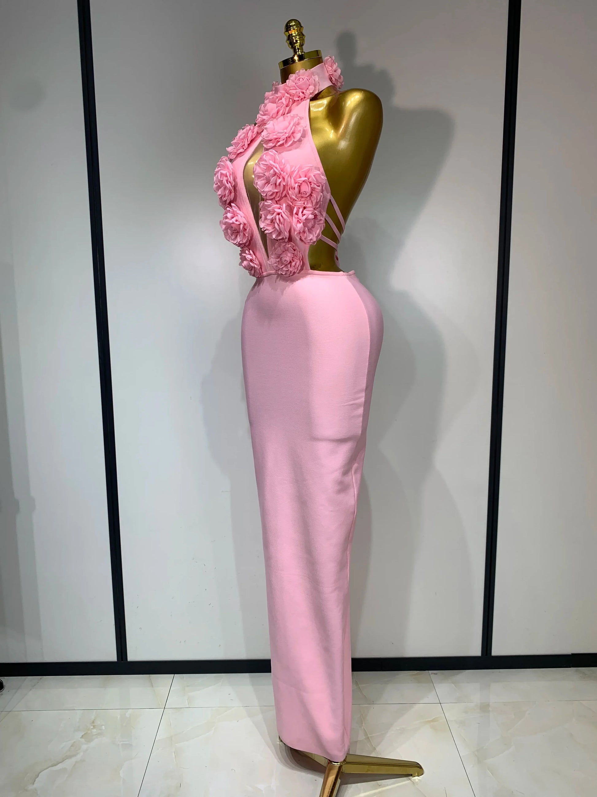 Luxury Birthday Dress Women Celebrity Sexy Halter Backless Flower Long Bandage Bodycon Dress Elegant Evening Party Outfit ﻿