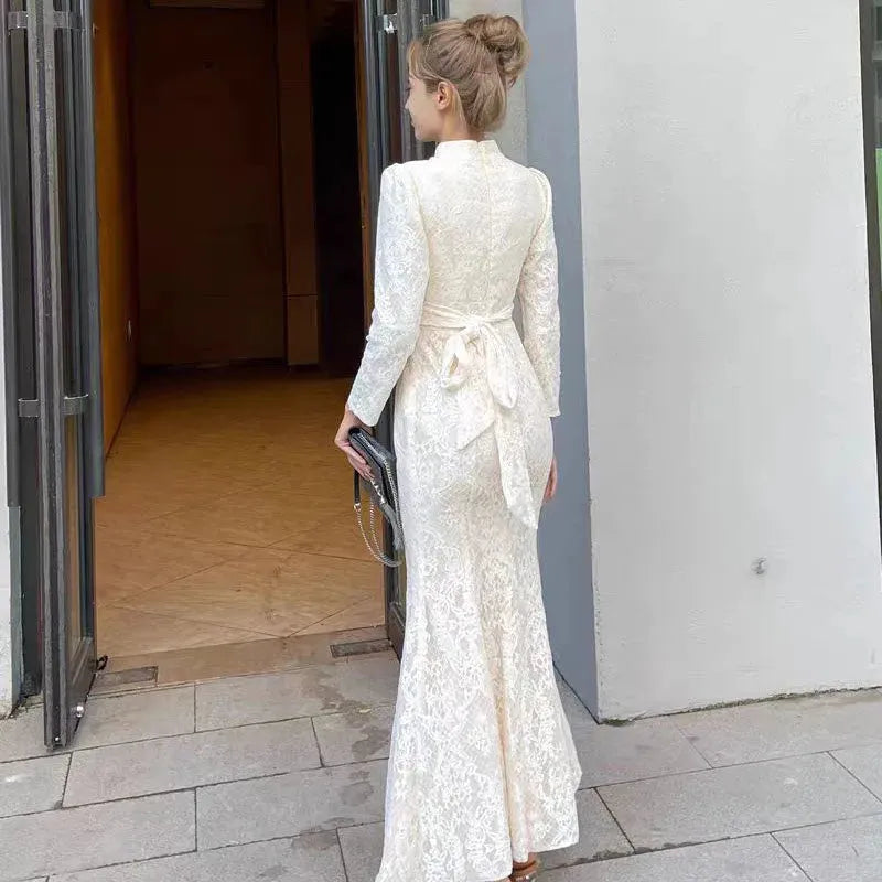Bridal Wedding Dress Champagne Lace Cheongsam Temperament Banquet Fishtail Evening Dress Zipper Back Sexy Slim Maxi Dresses 50cm | cn
