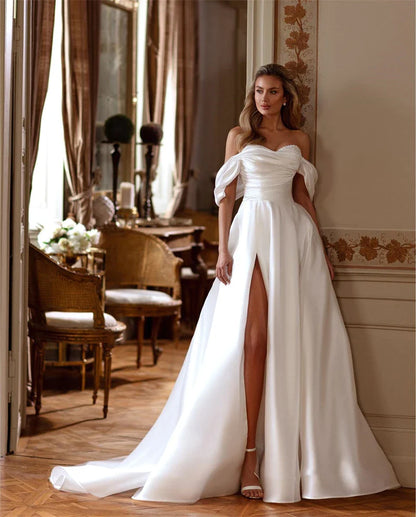 Sweet Wedding Dresses A Line Soft Satin Off The Shoulder Bridal Gowns Side Split Floor Length Wedding Party Gowns