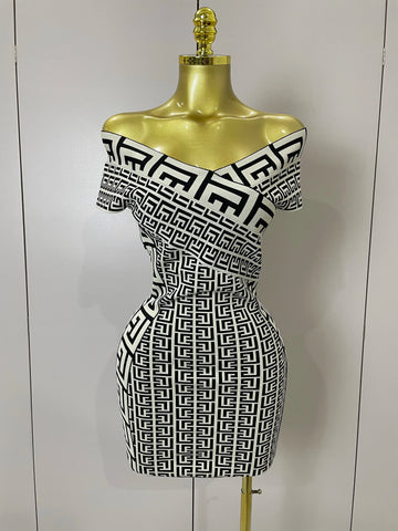 Women Sexy Jacquard Slash Neck Off Shoulder Bodycon Mini Bandage Dress Elegant Evening Birthday Party Dress black