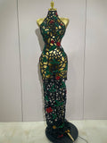 Sexy Shiny Colorful Rhinestone Hollow Out Long Dress Women Celebrate Evening party Nightclub Singer Stage Photo Shoot Costume black