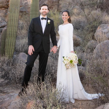 Robe de mariée en crêpe à manches longues, Simple, élégante, ligne a, dos découpé, avec traîne Court, sur mesure