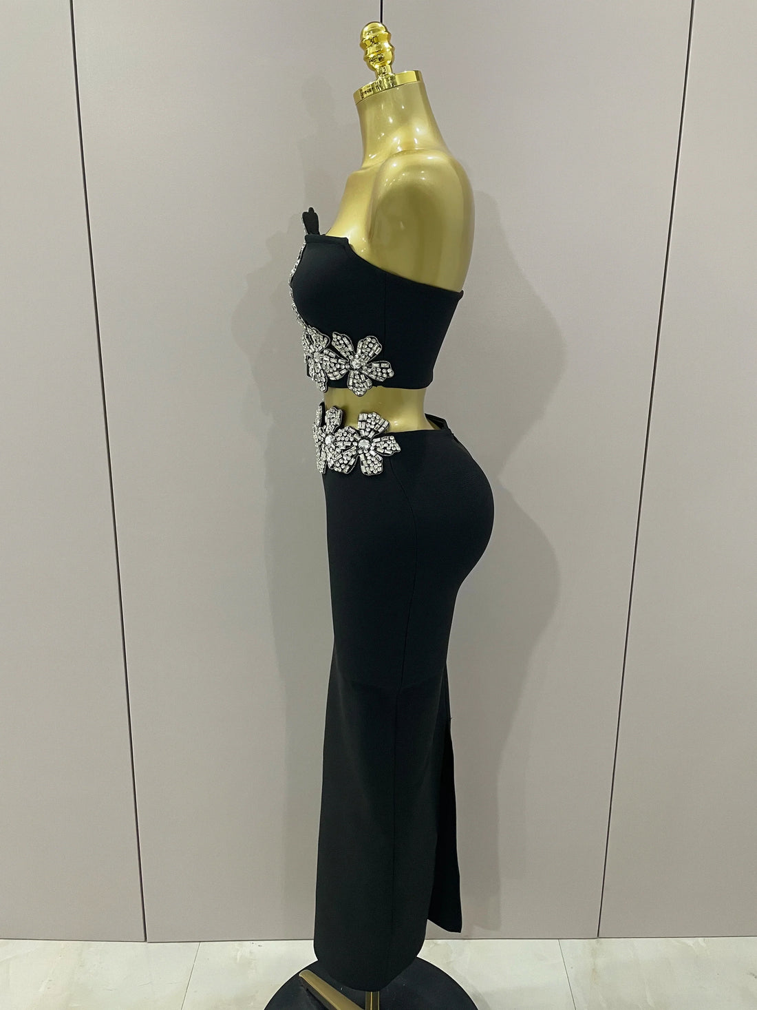 Sexy Strapless Flower Diamonds Black Maxi Long Bandage Two Piece Set Women Knitted Elegant Evening Club Party Prom Gowns black