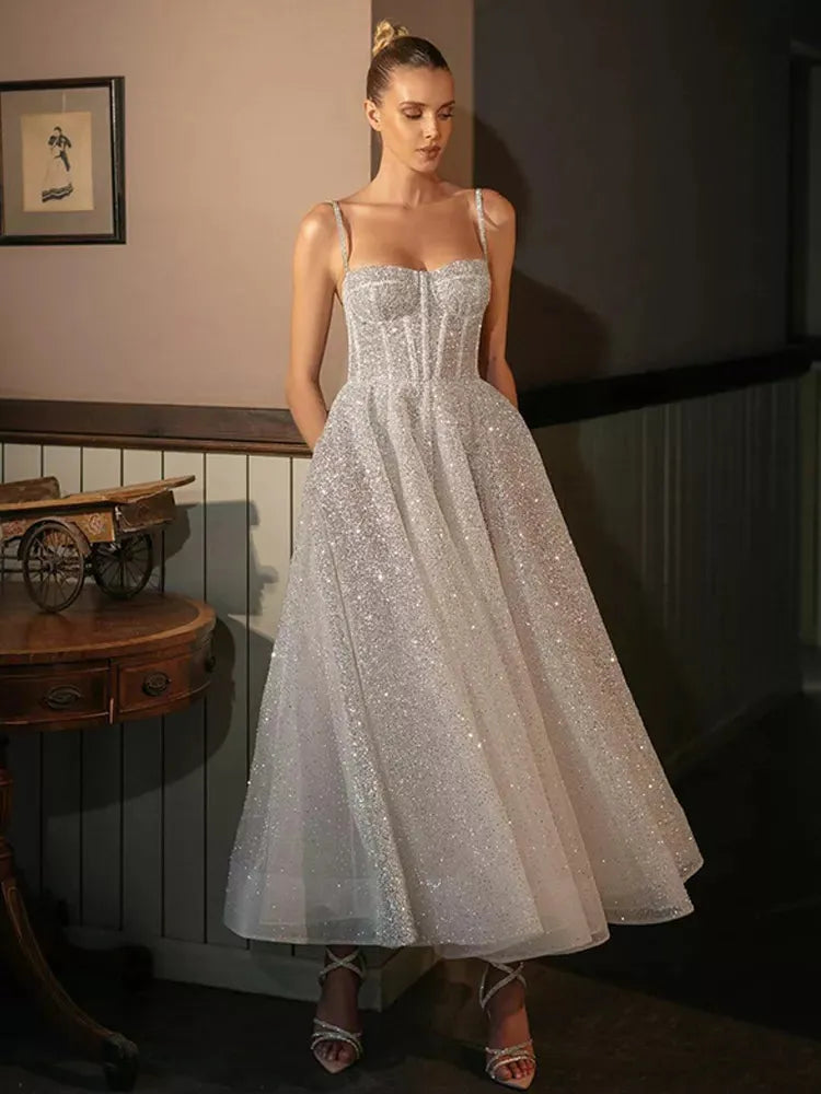 Shiny Sweetheart Princess Wedding Dresses Glitter Tulle Sexy Spaghetti Straps Ankle Length Boho Bride Dresses Full ivory 24w