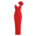 Sexy One Shoulder Diamond Flower Patchwork V Neck Backless Ankle Length Bodycon Long Dresses Evening Party Gown red