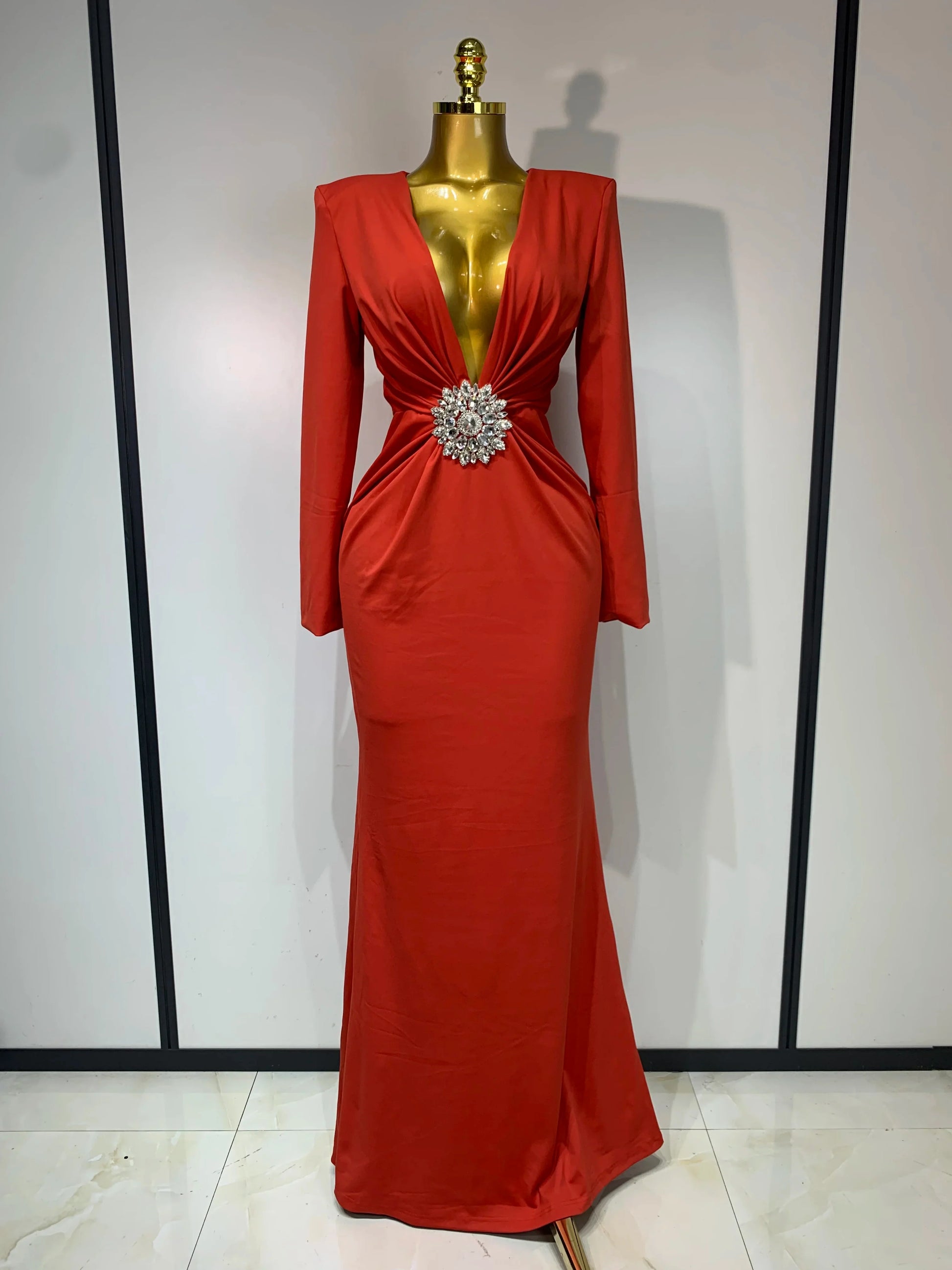 Women Long Sleeve Deep V-Neck Bodycon Long Dress Elegant Evening Party Club Celebrate Cocktail Outfit Luxuru Birthday Dress Red