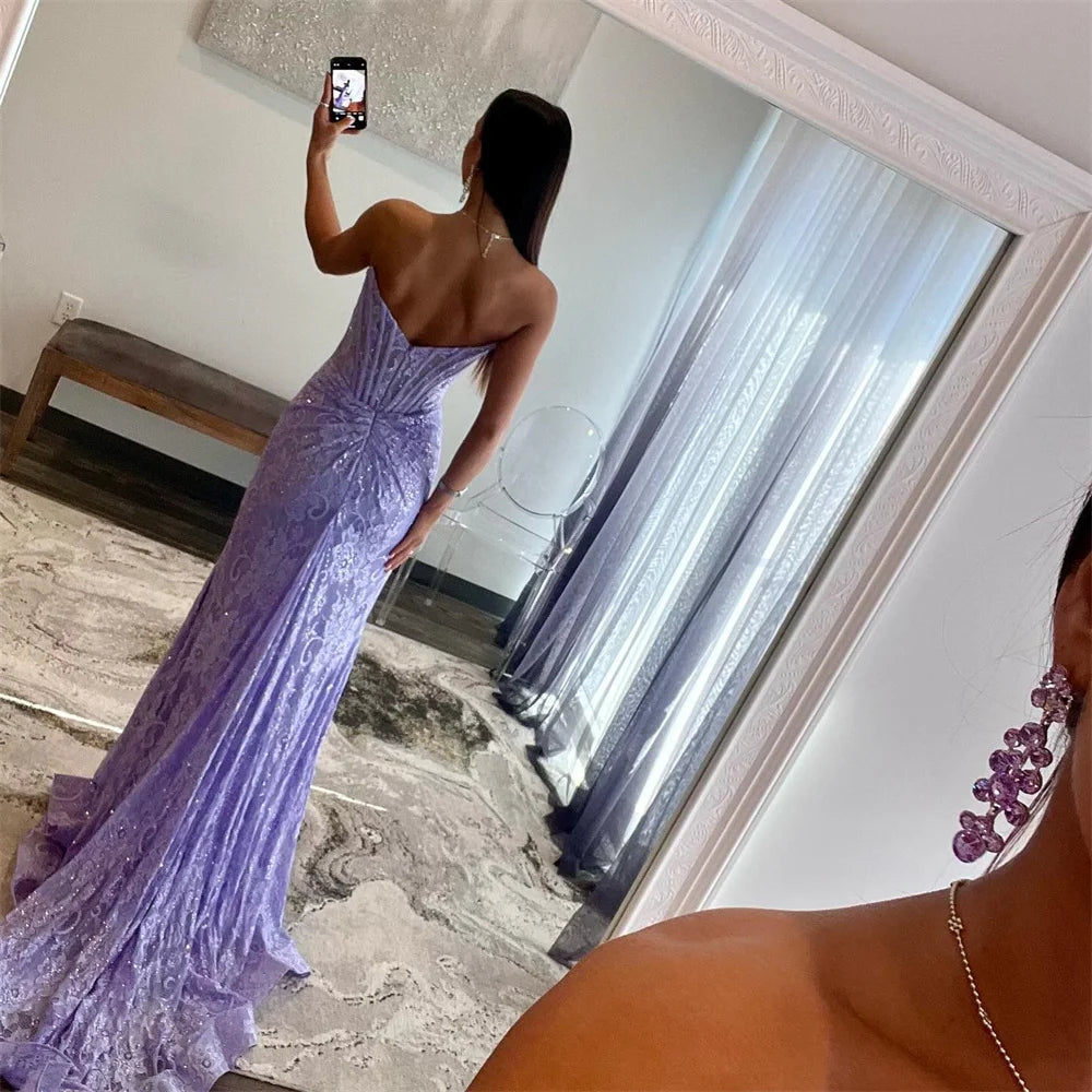 Lavender Mermaid Prom Dresses Lace Embroidery Evening Dress Elegant Off Shoulder Side Split Long Train vestidos de fiesta