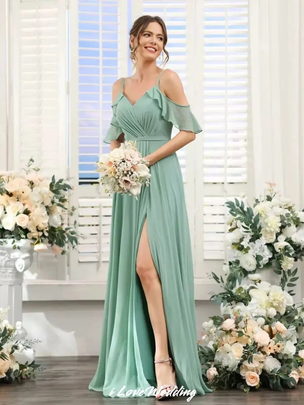 Elegant Sage Green Bridesmaid Dresses Chiffon Spaghetti-Strap A-Line Side Split Floor Length Wedding Party Dress Customized 63