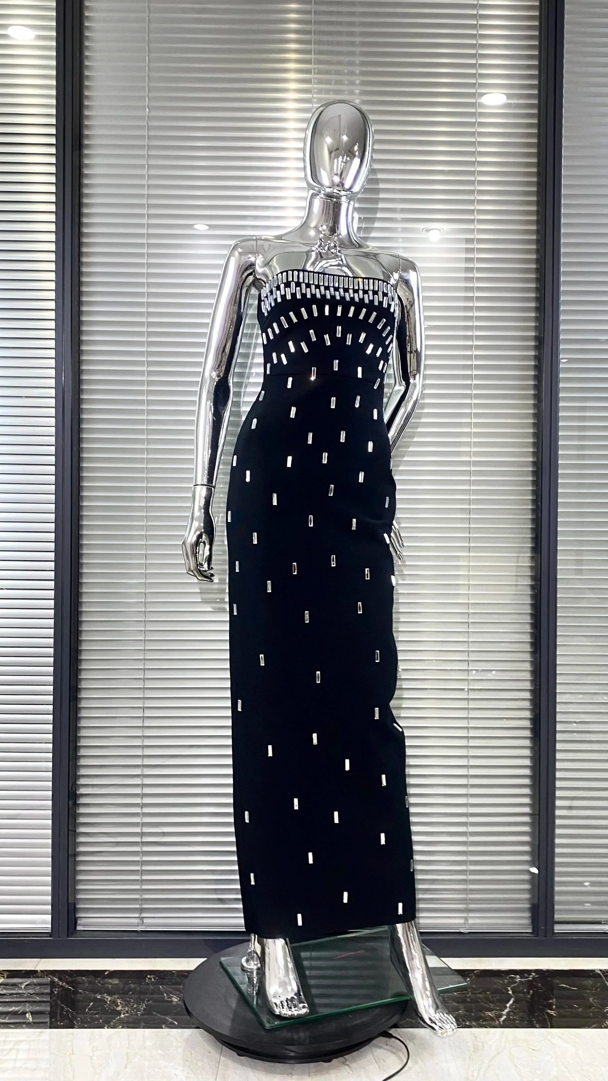 Sparkling Diamonds Fashion Woman Party Dress Strapless Black Bandage Ankle Length Dress Celebrity Birthday Party Outfit